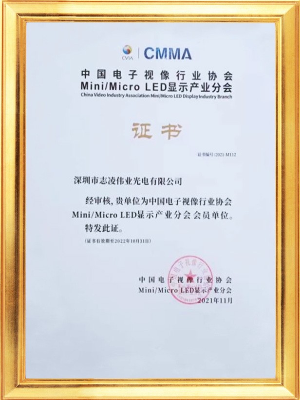中国电子视像行业协会Mini/Micro LED显示产业分会会员证书